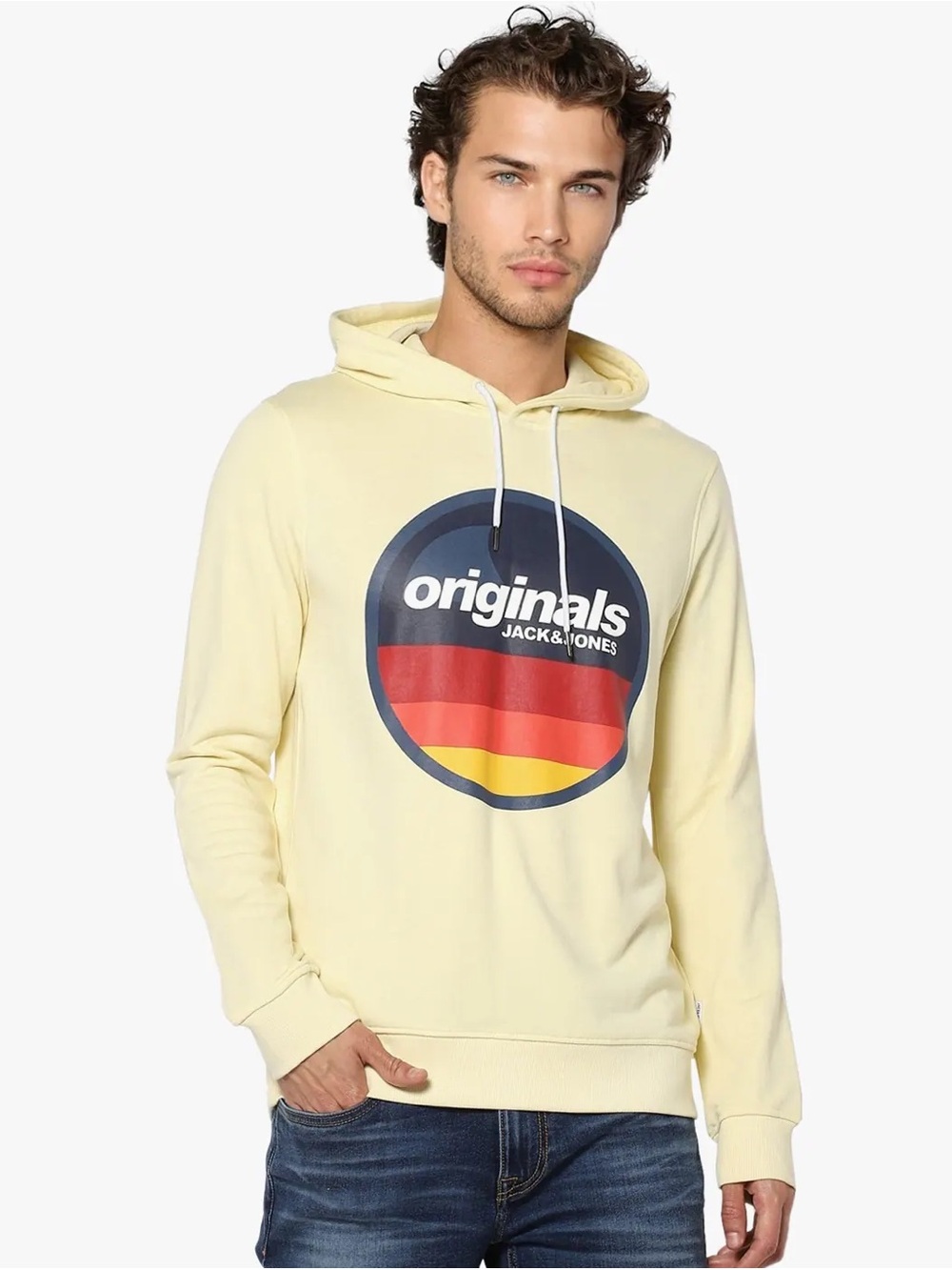 Mens Jack & Jones Originals Yellow Hoodie with Retro Logo